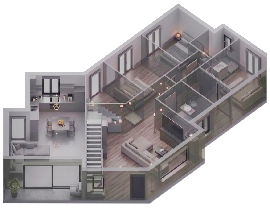 Spaccato assonometrico di un appartamento visto dall'alto: zona giorno con cucina e scala, camere e bagni
