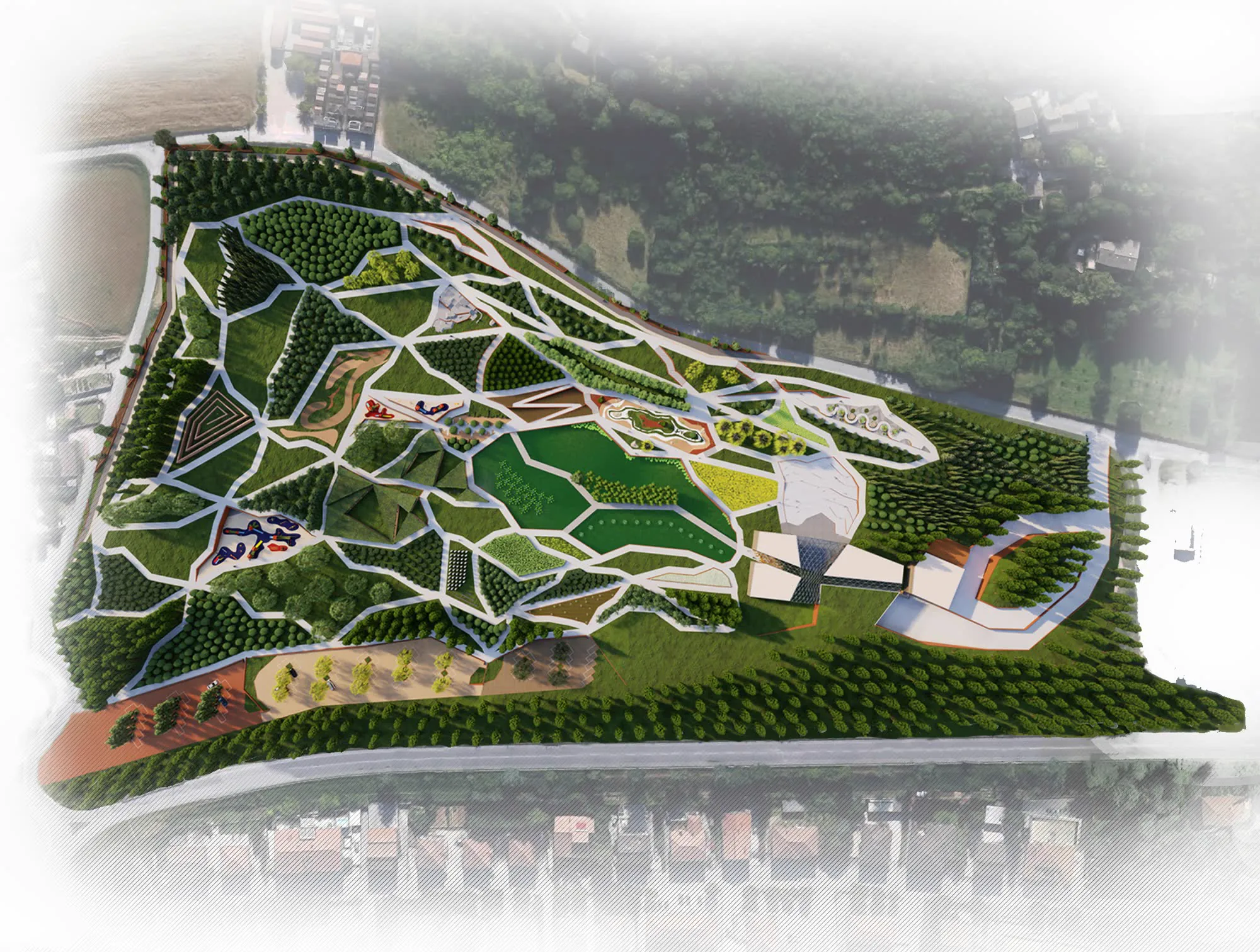 Masterplan di un parco urbano visto dall'alto: aree verdi a mosaico, percorsi e padiglioni