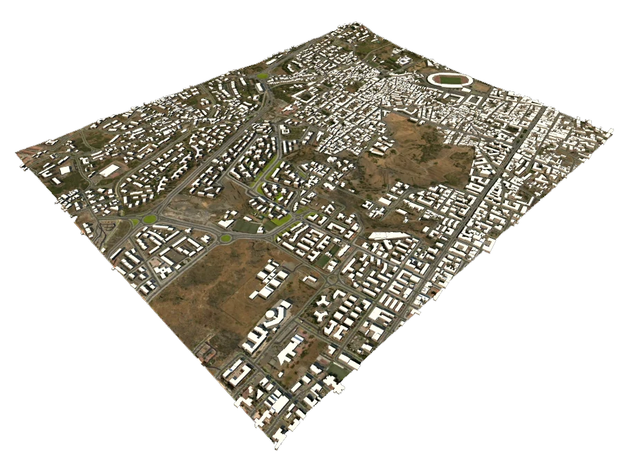 Porzione di città modellata in 3D su ortofoto, con edifici estrusi e rete viaria